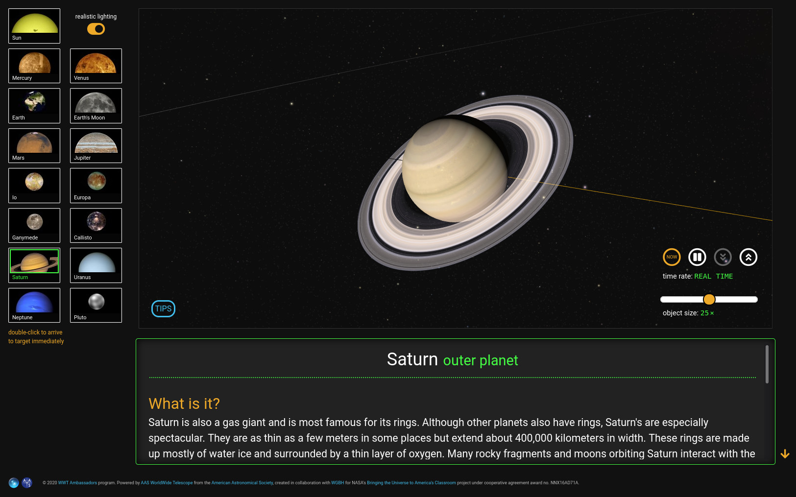 Screenshot of WWTA Solar System Explorer app